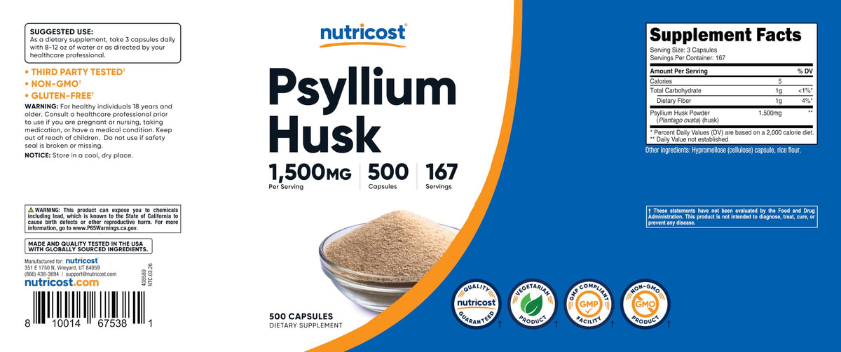 Psyllium Husk 1500mg 500 Capsules Gluten Free G876