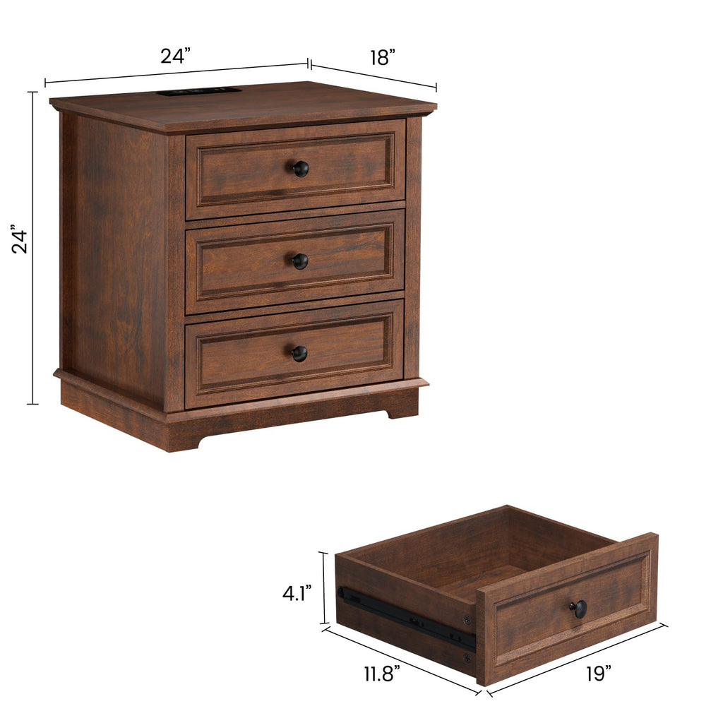 Cherry 3 Drawer Wood Nightstand with Charging Station U1394