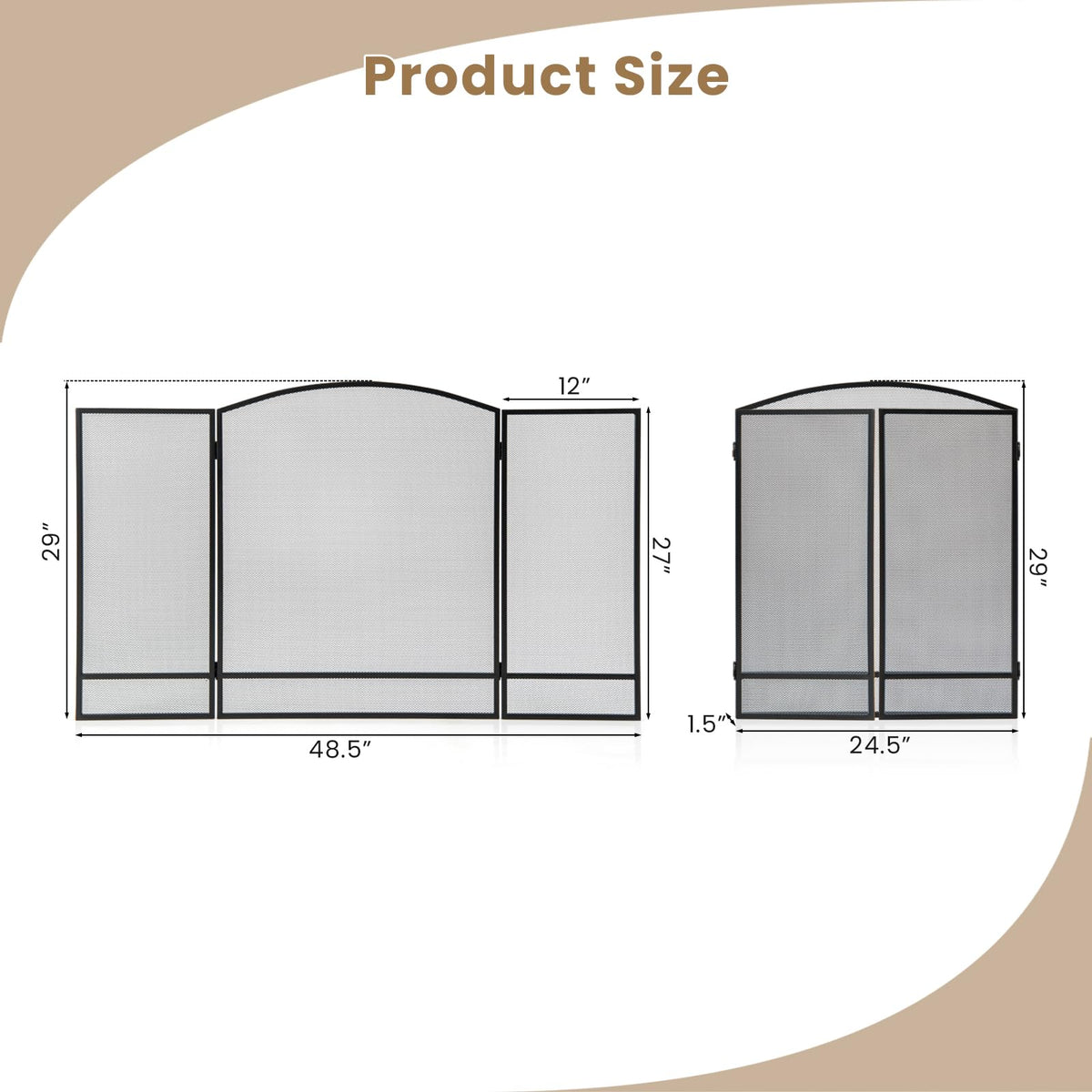 Black Wrought Iron 3 Panel Folding Fireplace Screen G518