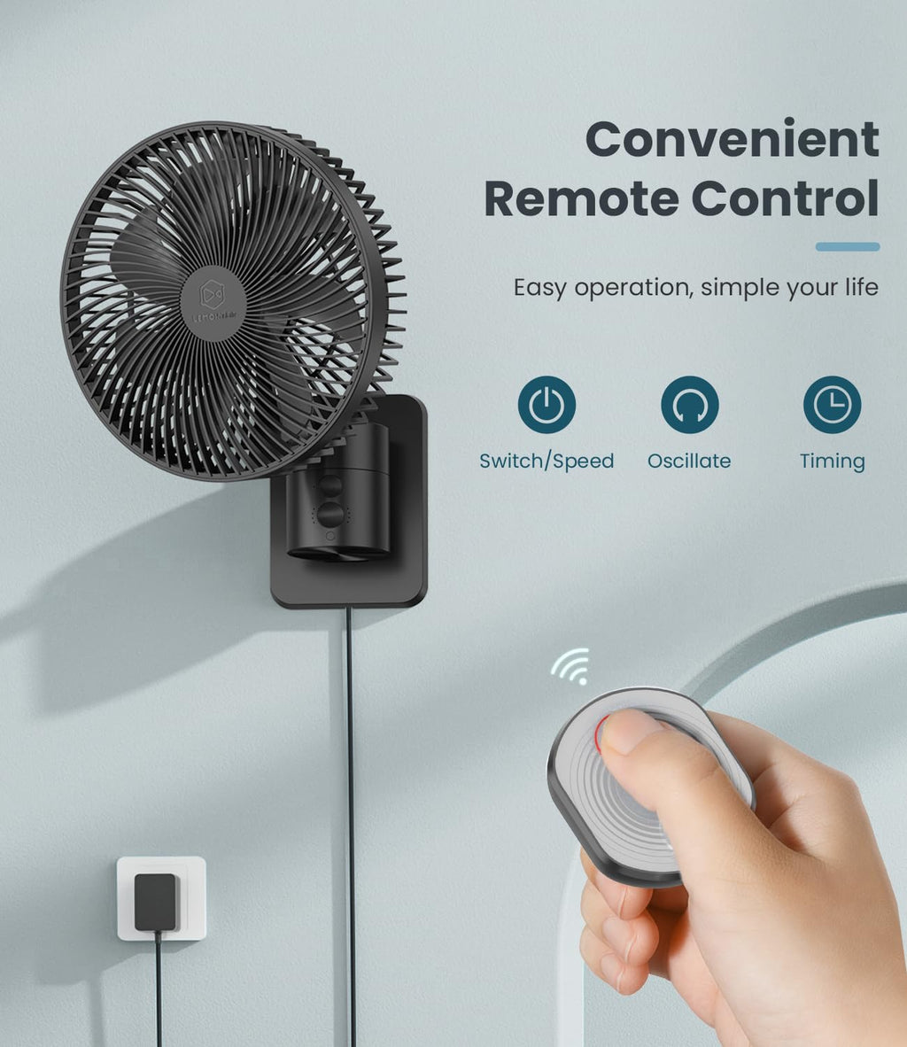 8 Inch Wall Mounted Fan with Remote Control, 4 Speeds, Black R3907