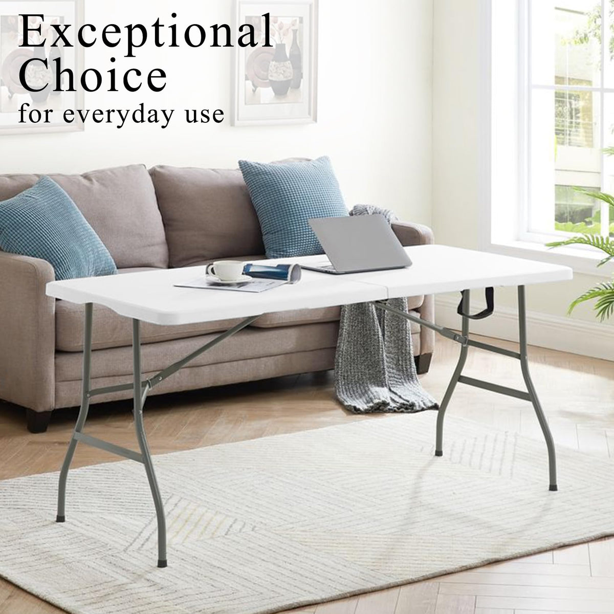 Set of 2 Lightweight 6FT Rectangular Plastic Folding Tables with Steel Legs K69984