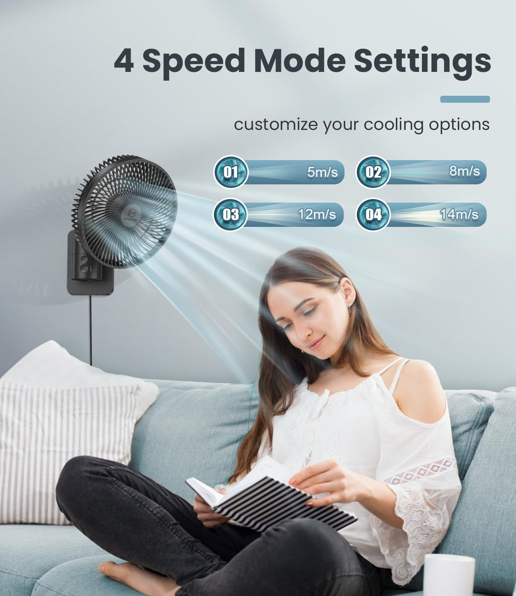 8 Inch Wall Mounted Fan with Remote Control, 4 Speeds, Black R3907
