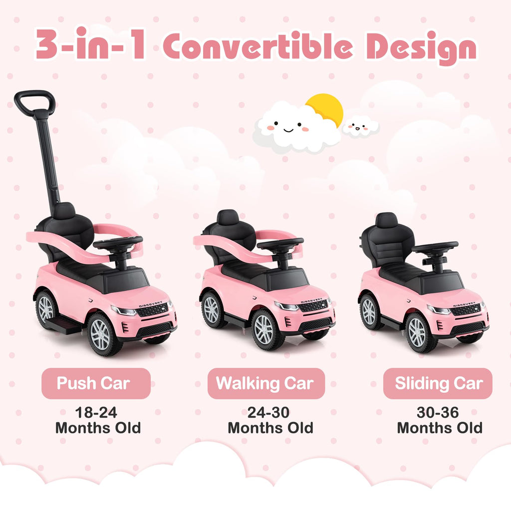 3 in 1 Push Car with Handle, Horn Sound, Underneath Storage, Armrest Guardrail, Foot-to-Floor Ride On Toy (Pink) M935873