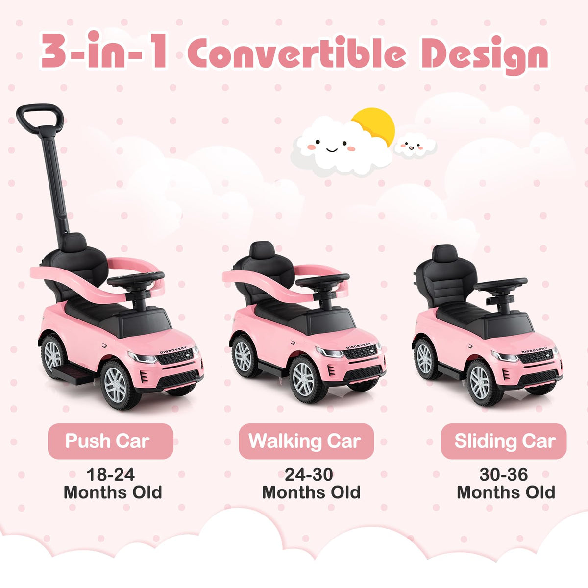 3 in 1 Push Car with Handle, Horn Sound, Underneath Storage, Armrest Guardrail, Foot-to-Floor Ride On Toy (Pink) M935873