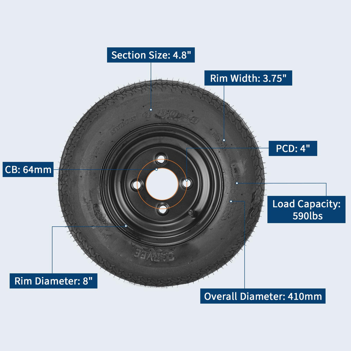 2-Pack Trailer Tire on Rim 4.80-8 4 Lug Black N8783