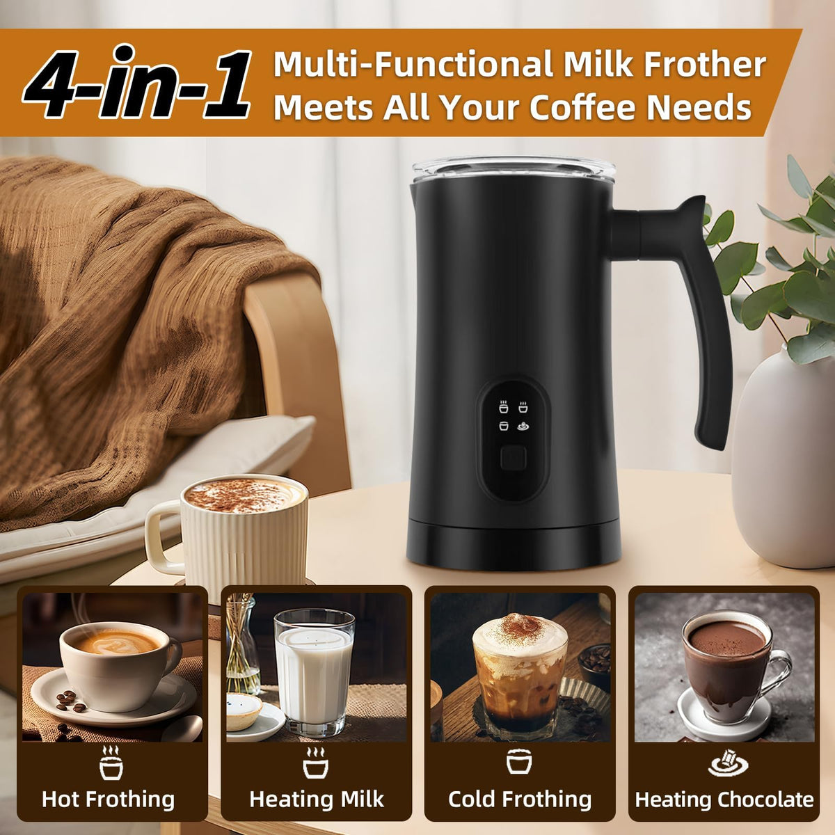4-in-1 Electric Milk Frother, 350ml Black S703