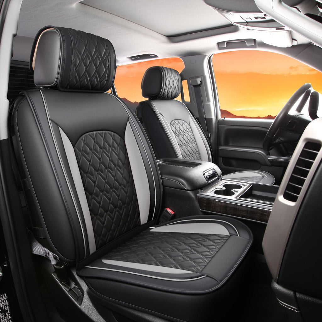 Leather Seat Covers for Chevy Silverado GMC Sierra, Custom Fit, Front Pair, Black Grey X3587