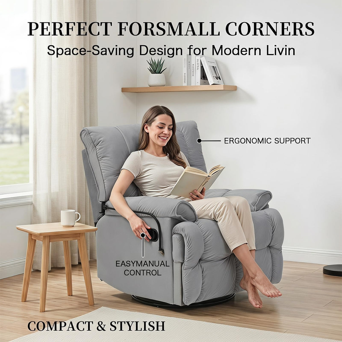 Velvet Swivel Recliner Accent Chair with Detachable Side Phone Holder Q862816
