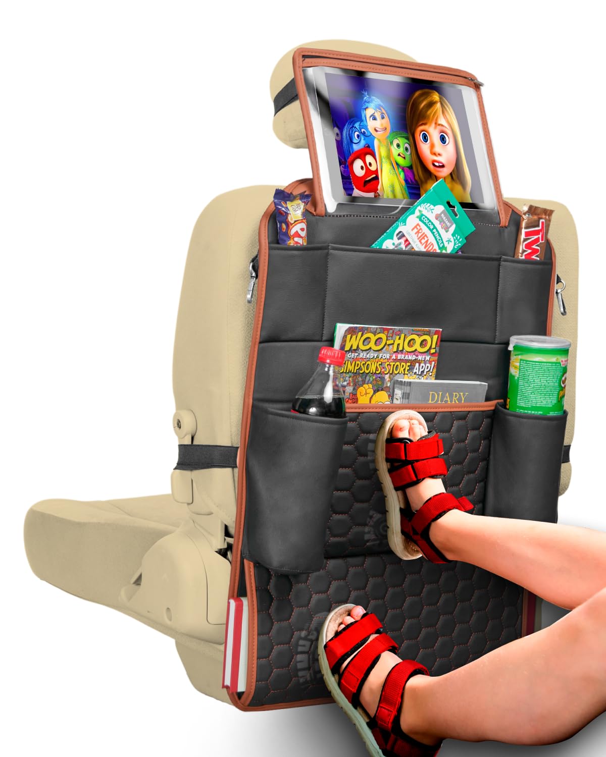 Black-Brown Backless Booster, Waterproof Seat Protector & Backseat Organizer A7734