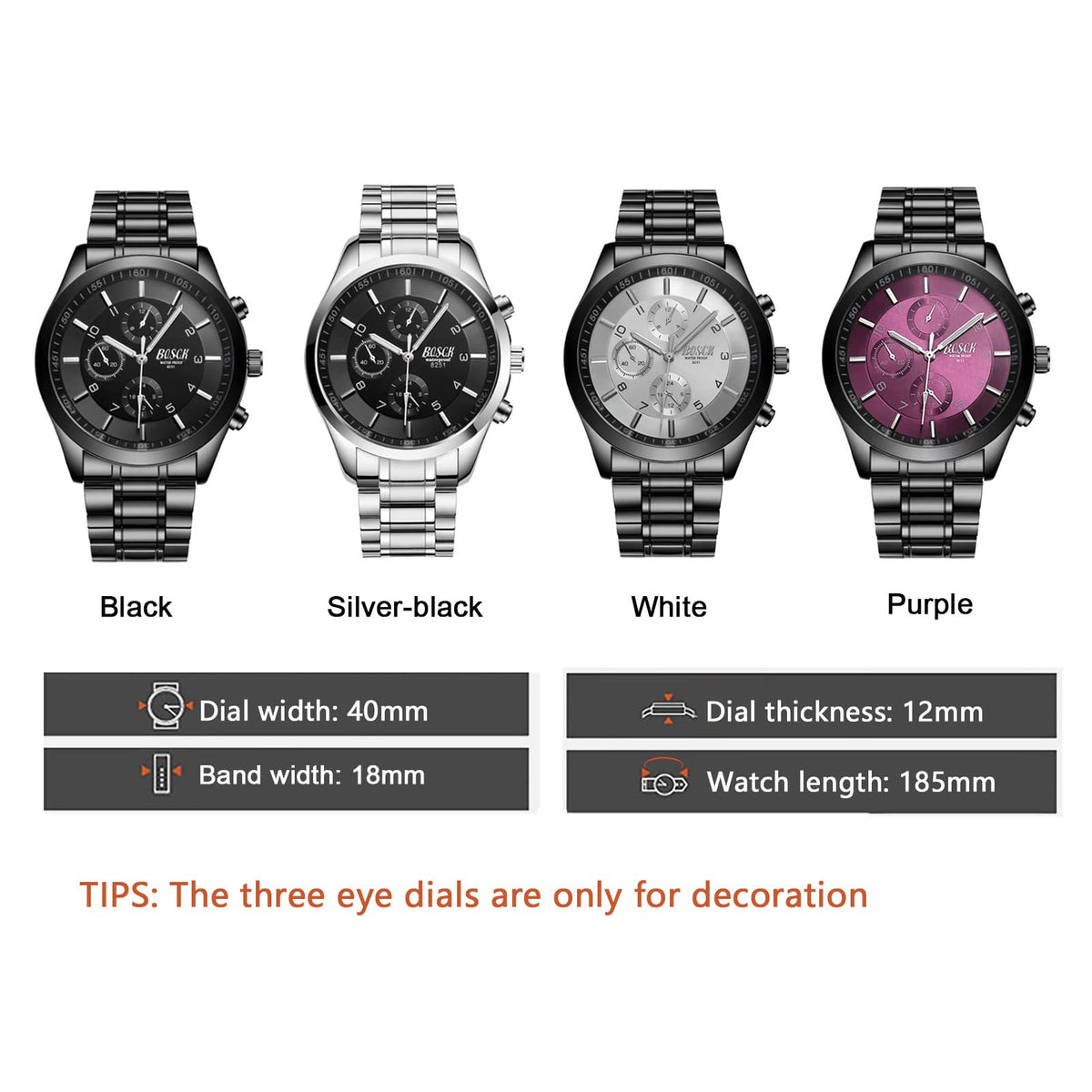 40mm Analog Watch with Auto Date & Day Display, Stainless Steel, 30M Waterproof T535