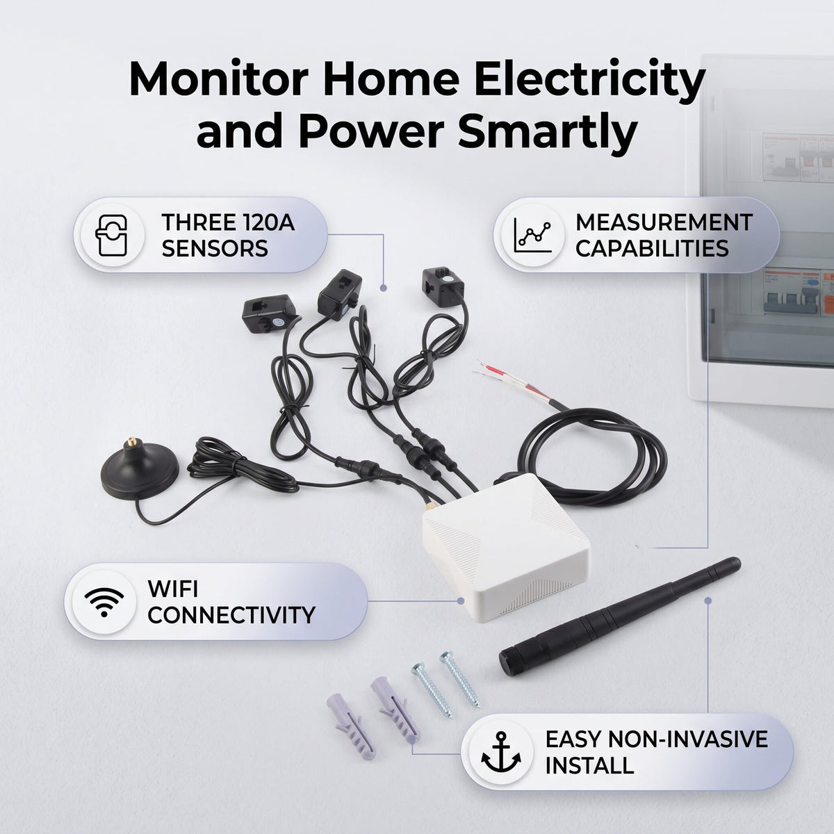 3 Phase Smart Electricity Power Monitor with 3 120A Circuit Level Sensor T331500