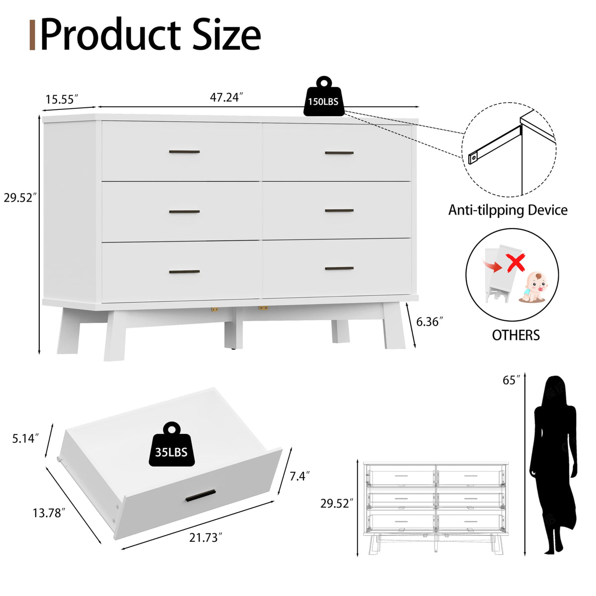 White 6 Drawer Wood Dresser B8920
