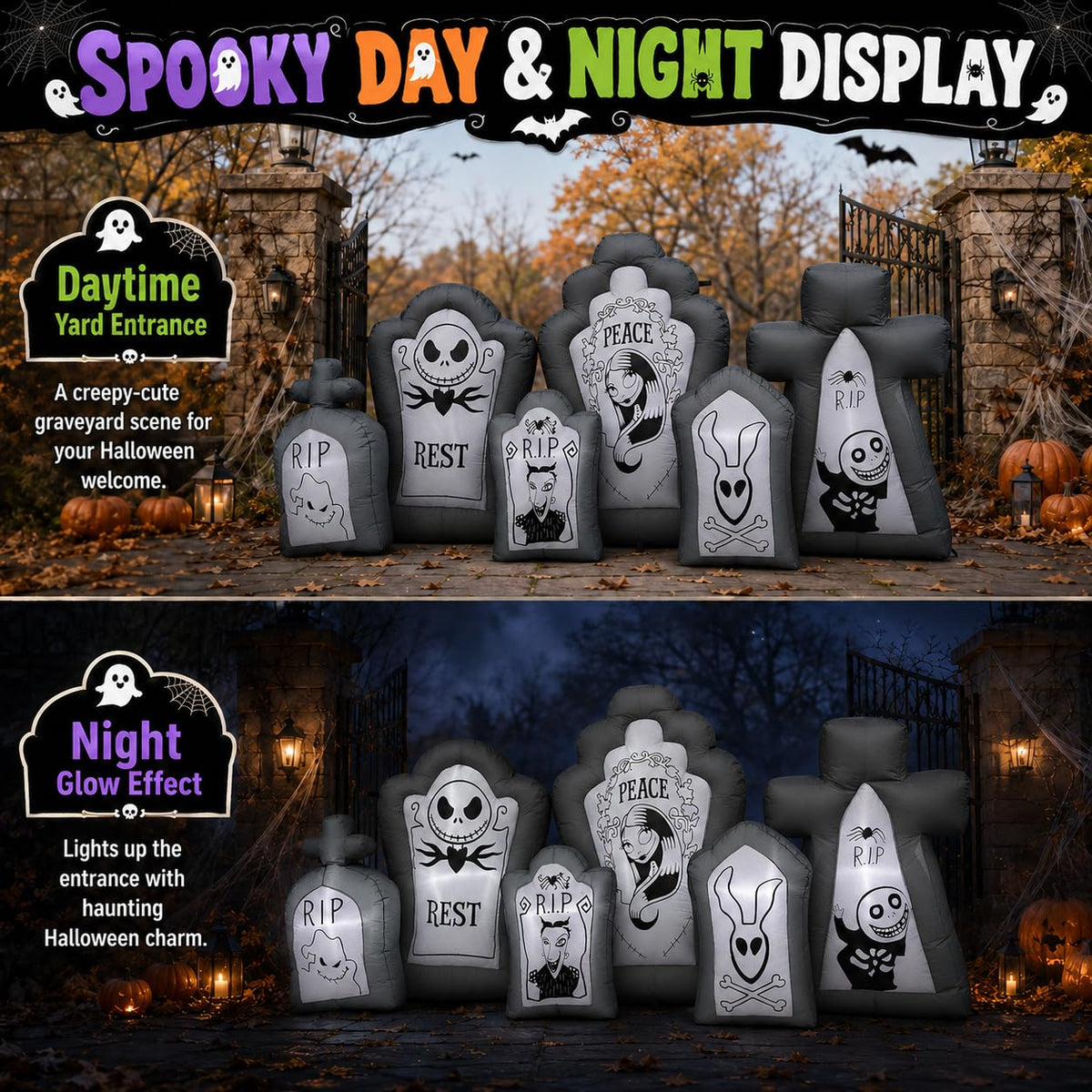 6.9FT Inflatable Tombstone Set with Built-in LED Lights W698