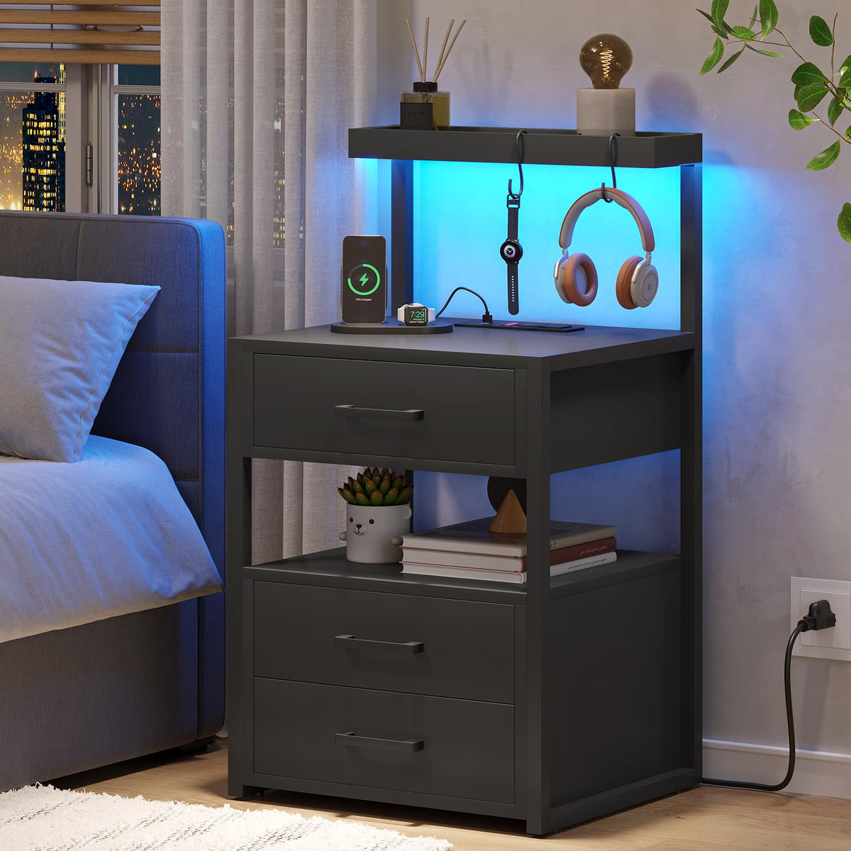 Black 3 Drawer Nightstand with Charging Station Q2745