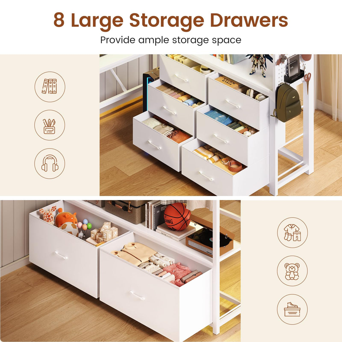 White Twin Loft Bed with L-Shaped Desk and 8 Storage Drawers N688710