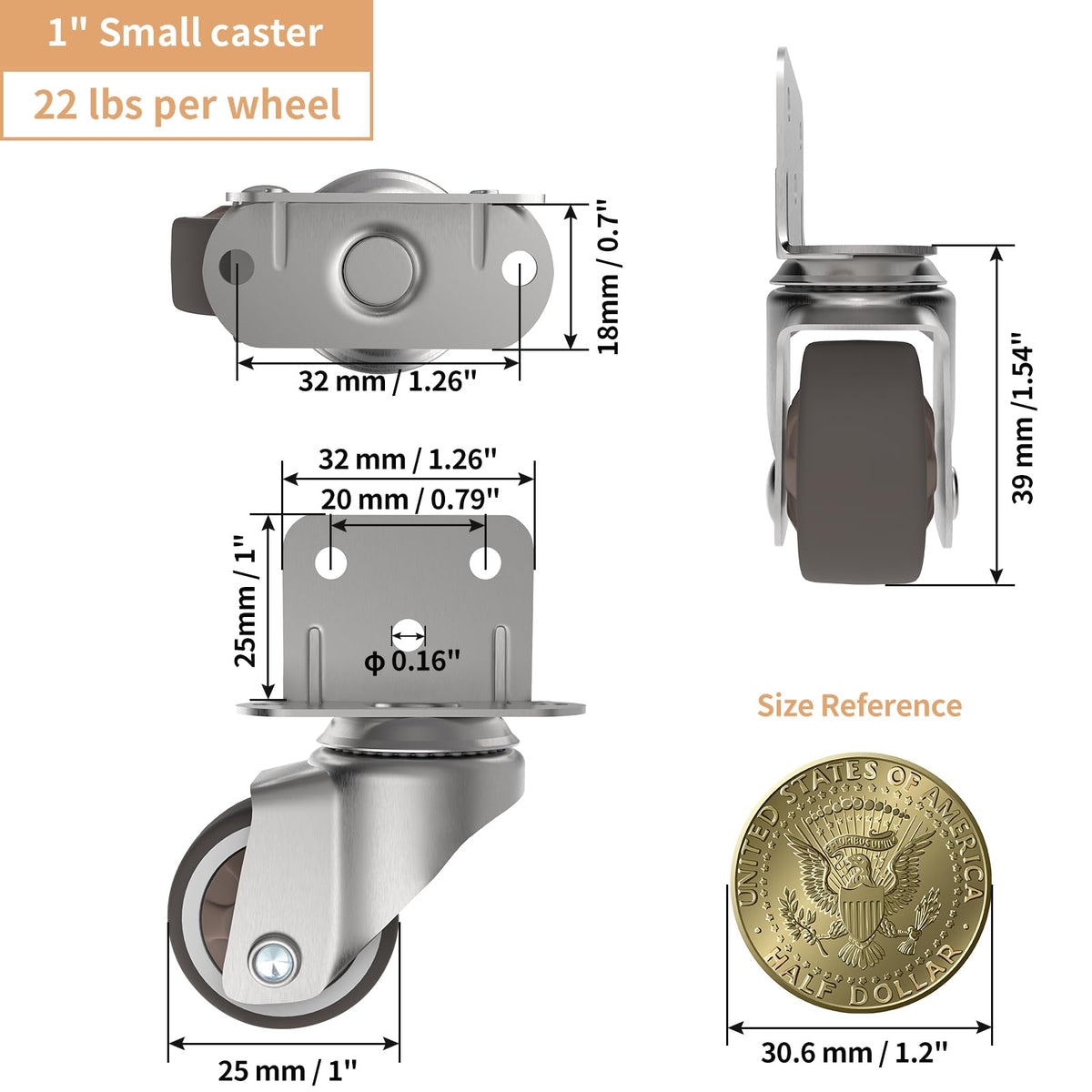 1" Swivel Plate Casters, 4 Pcs Q806501