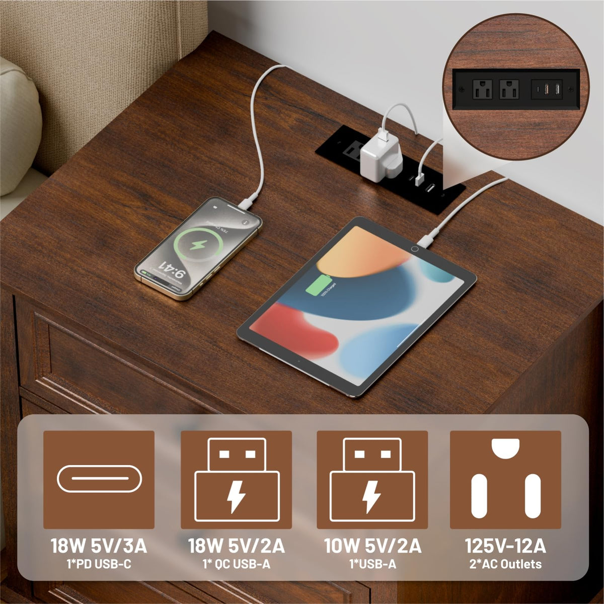 Cherry 3 Drawer Wood Nightstand with Charging Station U1394