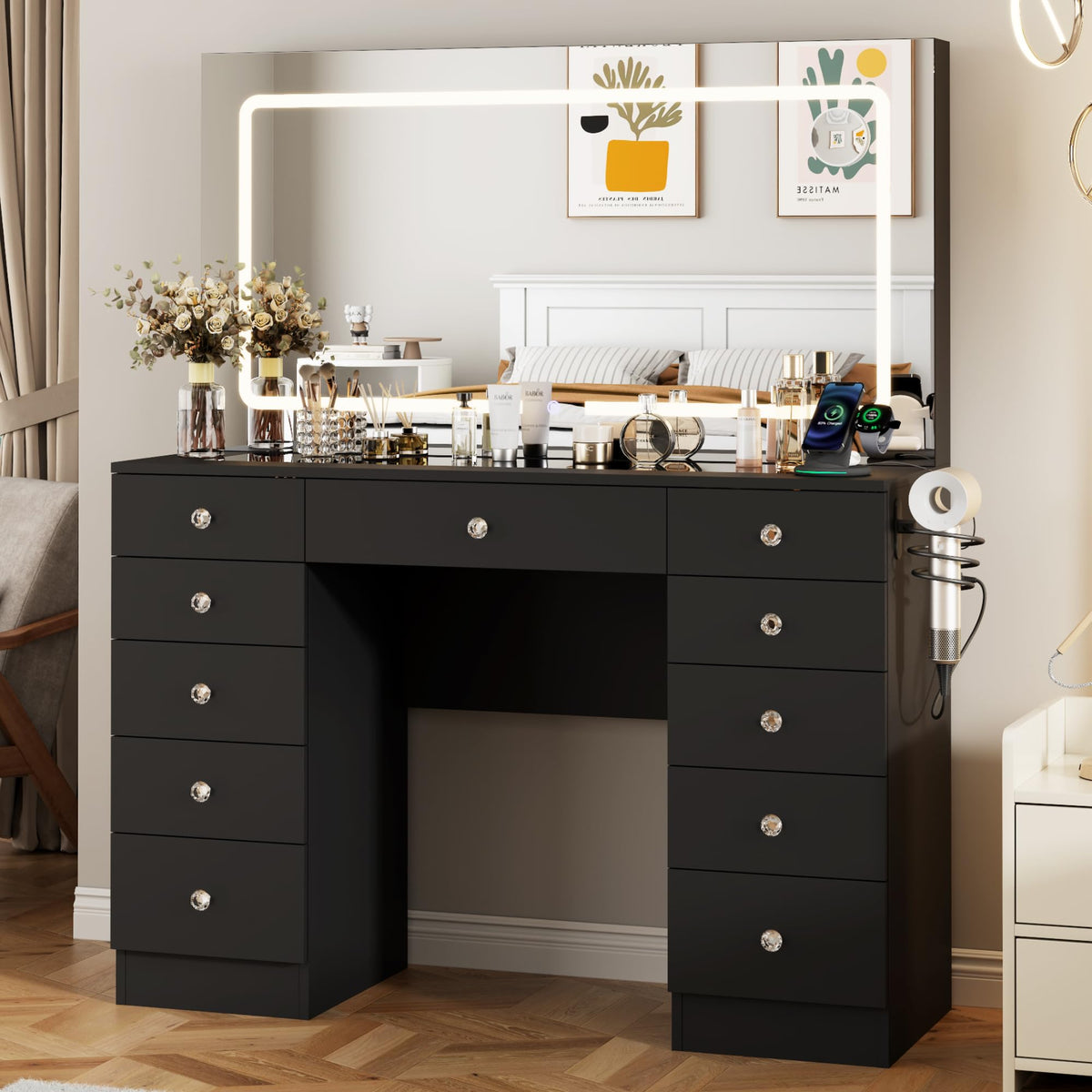Black 11 Drawer Vanity Desk with Lighted Mirror Y735666