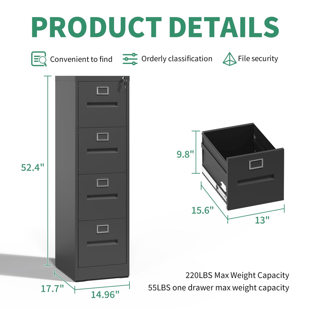 Black 4 Drawer Steel File Cabinet with Lock Z84874