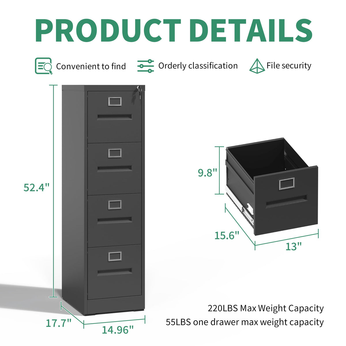 Black 4 Drawer Steel File Cabinet with Lock Z84874