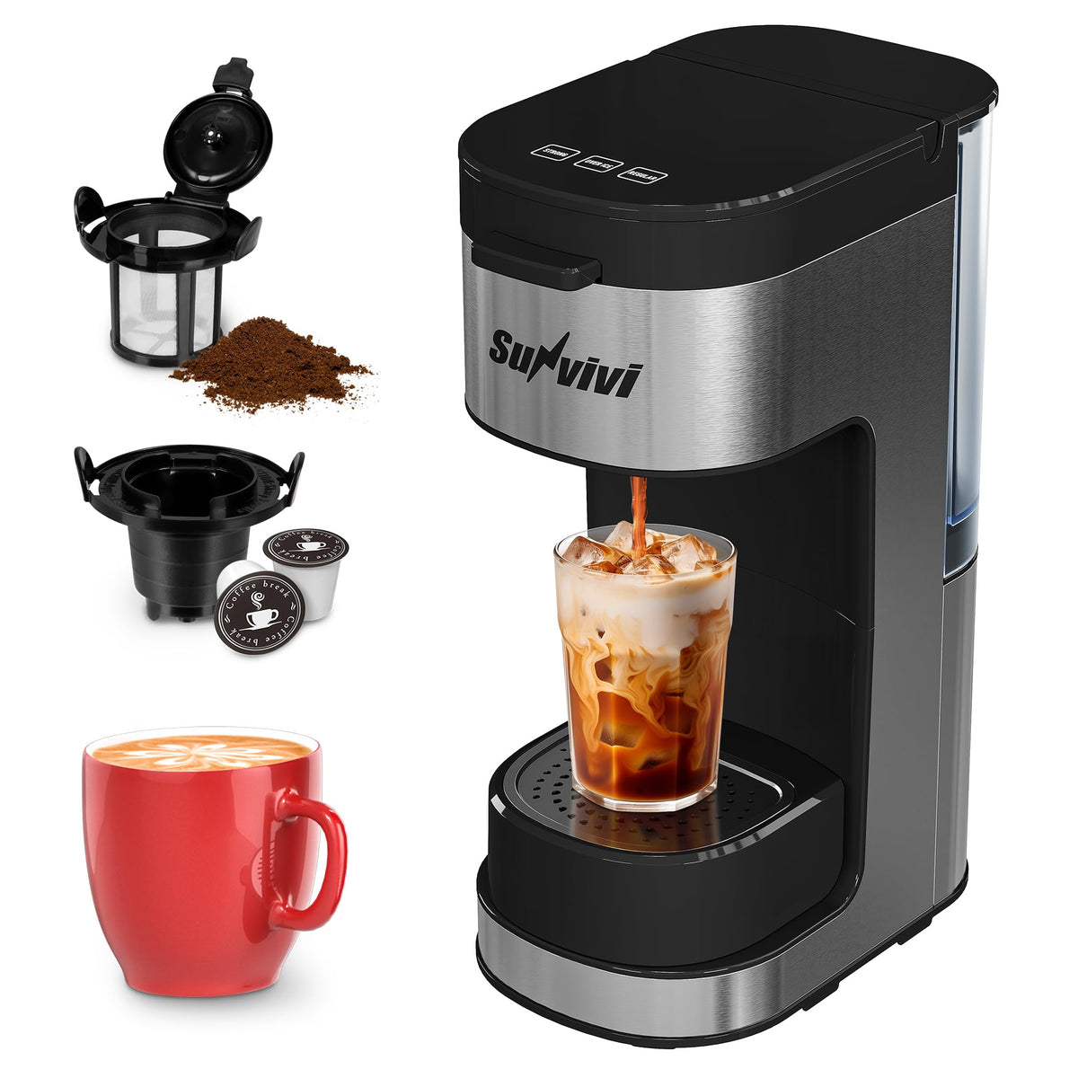 3-in-1 Single Serve Coffee Maker with Removable Water Reservoir, Black O920