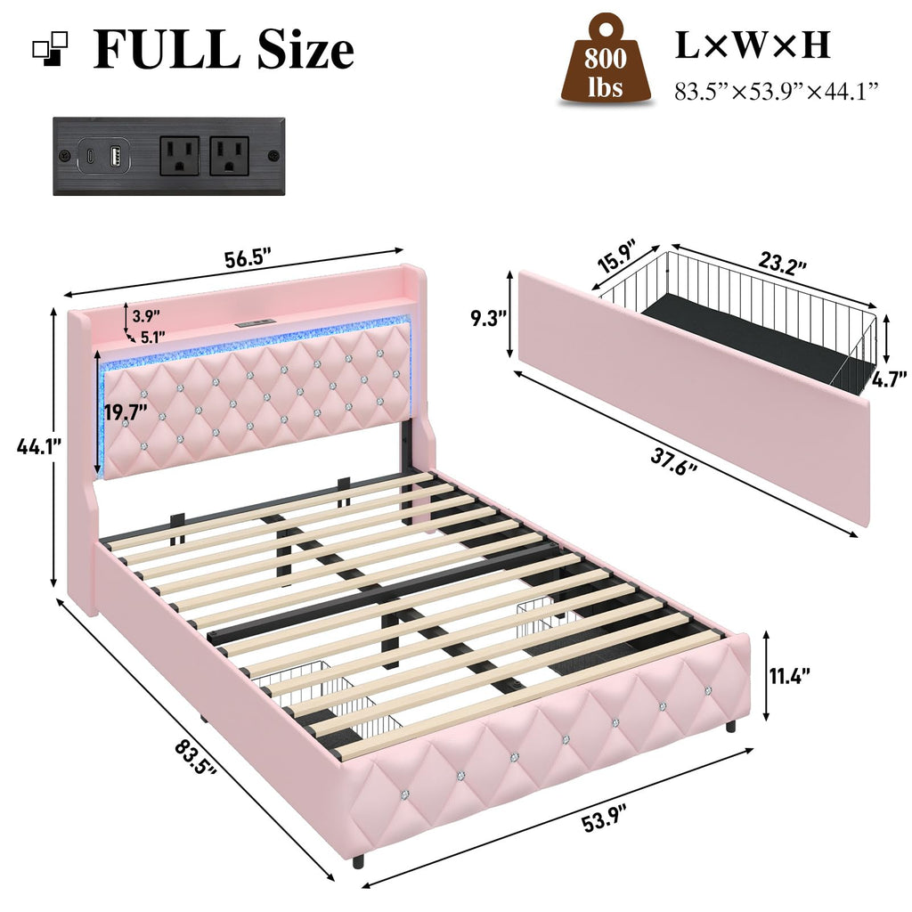 Pink Upholstered Full Size Bed Frame with Storage Headboard and 2 Drawers G76974