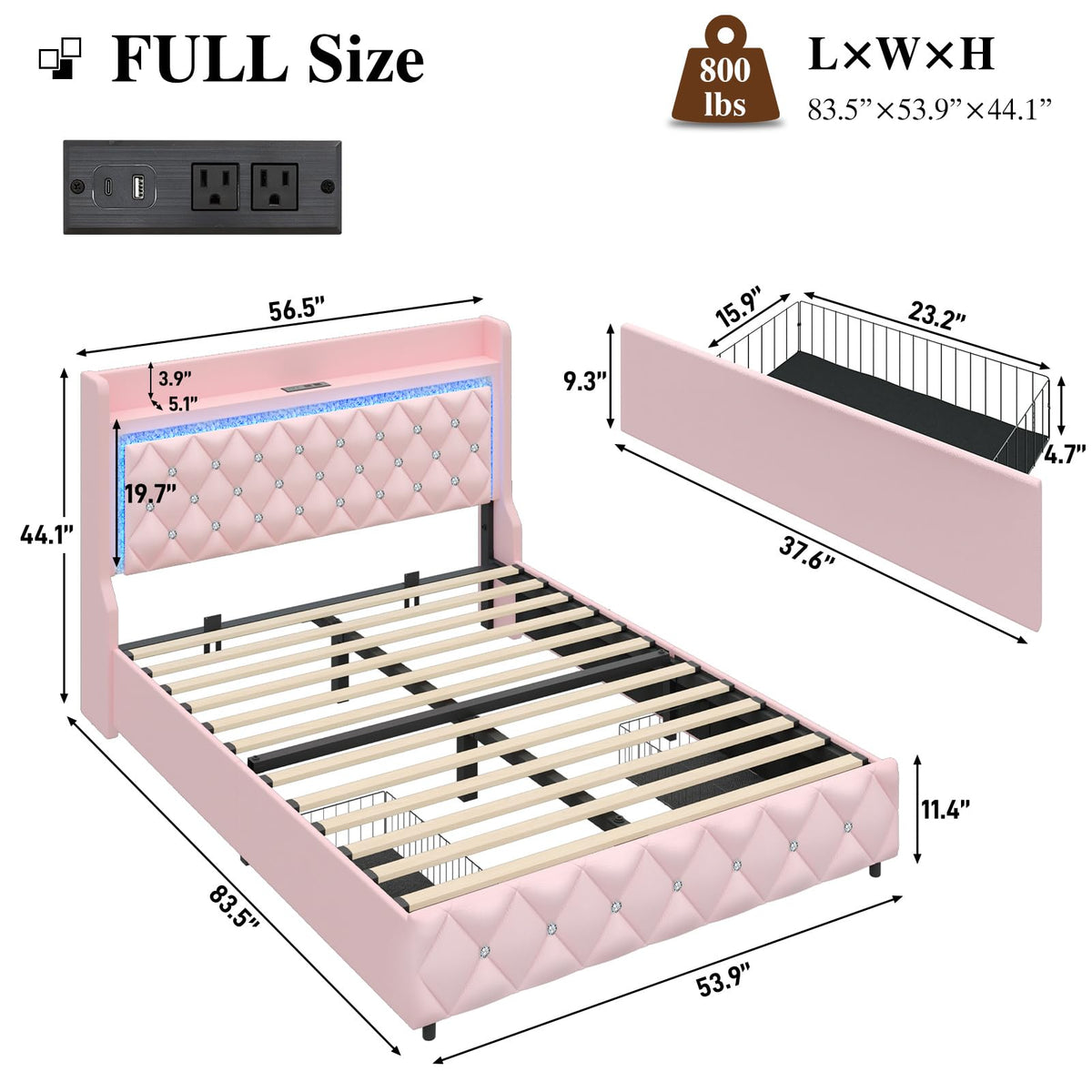 Pink Upholstered Full Size Bed Frame with Storage Headboard and 2 Drawers G76974