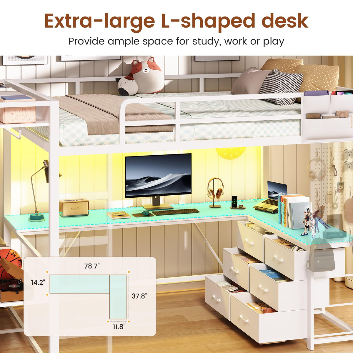 White Twin Loft Bed with L-Shaped Desk and 8 Storage Drawers N688710