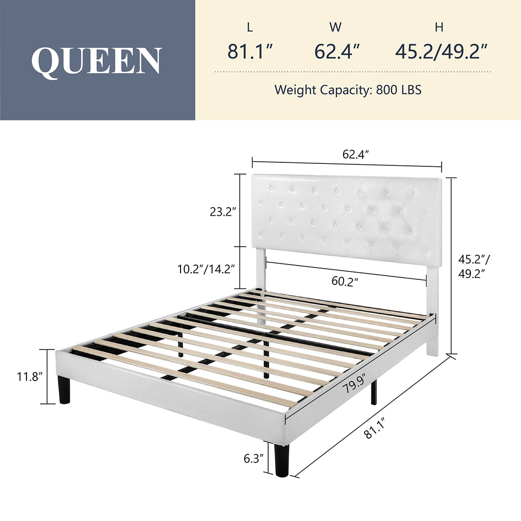 Queen Size Platform Bed Frame with Faux Leather Headboard L1951