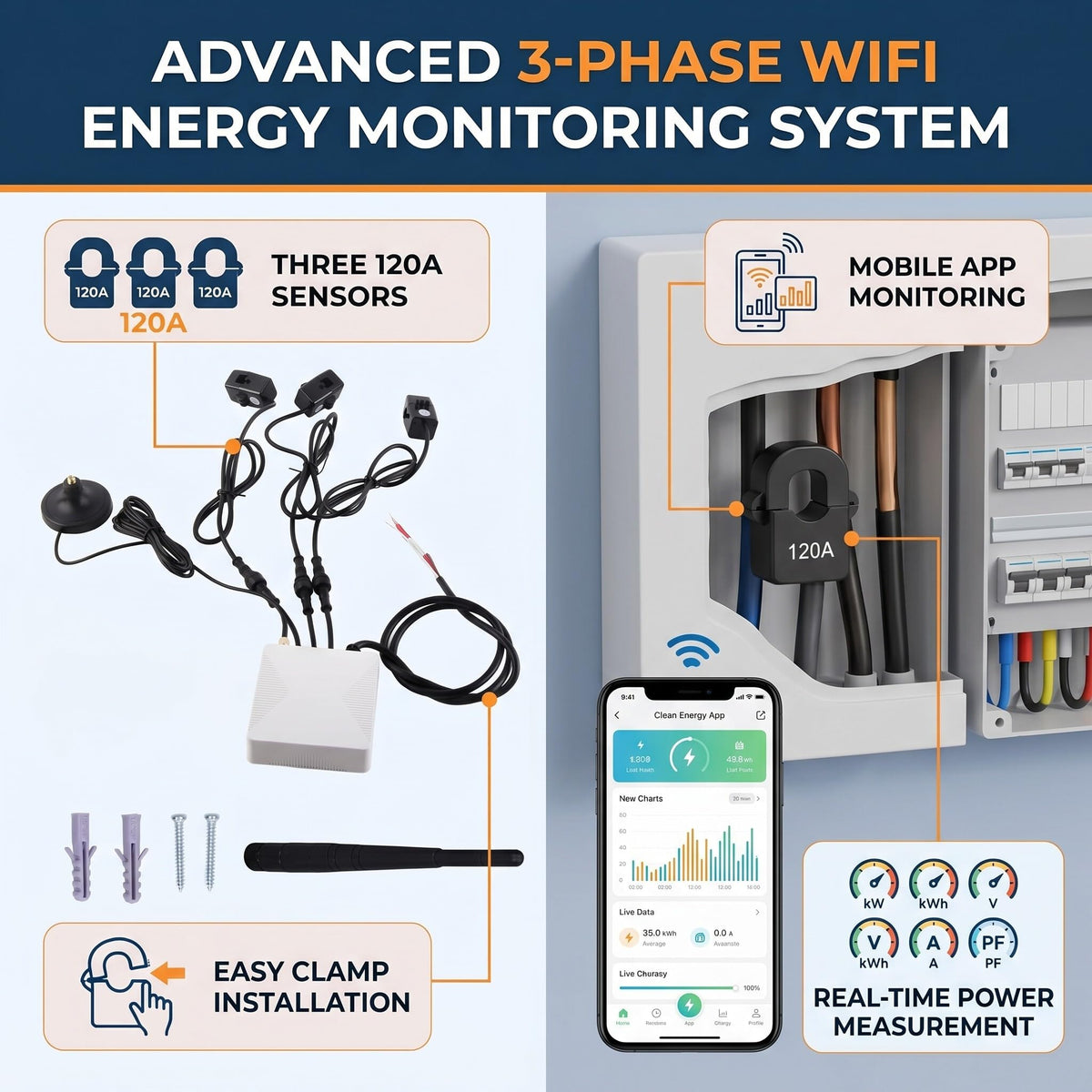 3 Phase Smart Electricity Power Monitor with 3 120A Circuit Level Sensor T331500