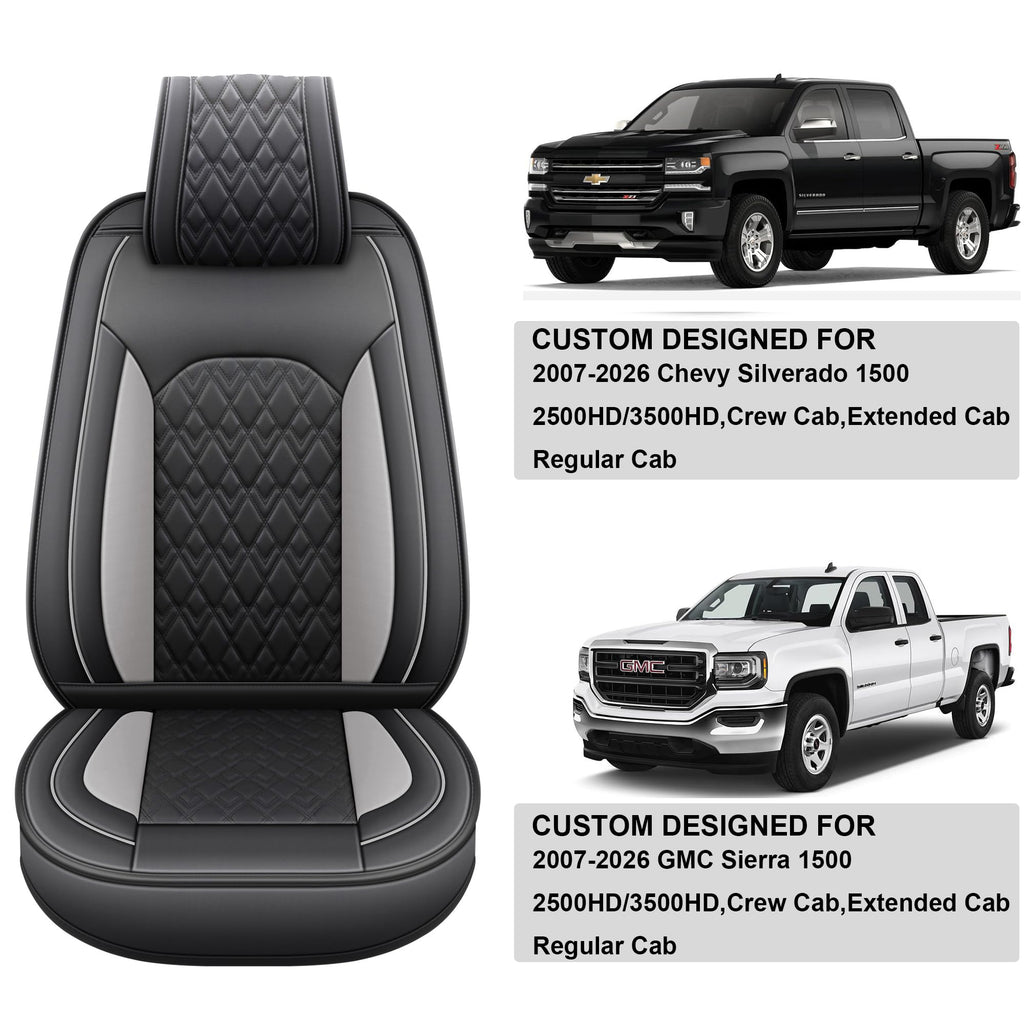 Leather Seat Covers for Chevy Silverado GMC Sierra, Custom Fit, Front Pair, Black Grey X3587