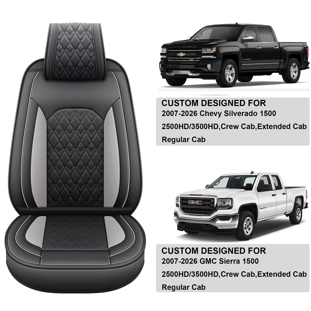 Leather Seat Covers for Chevy Silverado GMC Sierra, Custom Fit, Front Pair, Black Grey X3587