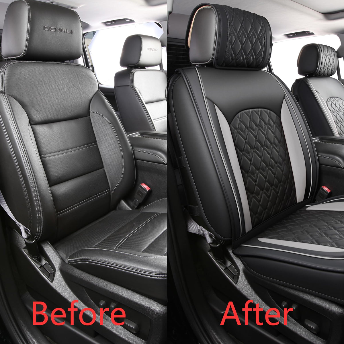 Leather Seat Covers for Chevy Silverado GMC Sierra, Custom Fit, Front Pair, Black Grey X3587