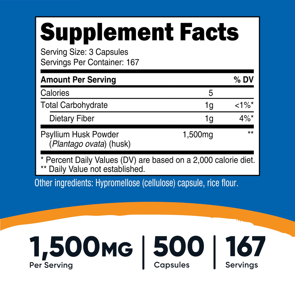Psyllium Husk 1500mg 500 Capsules Gluten Free G876