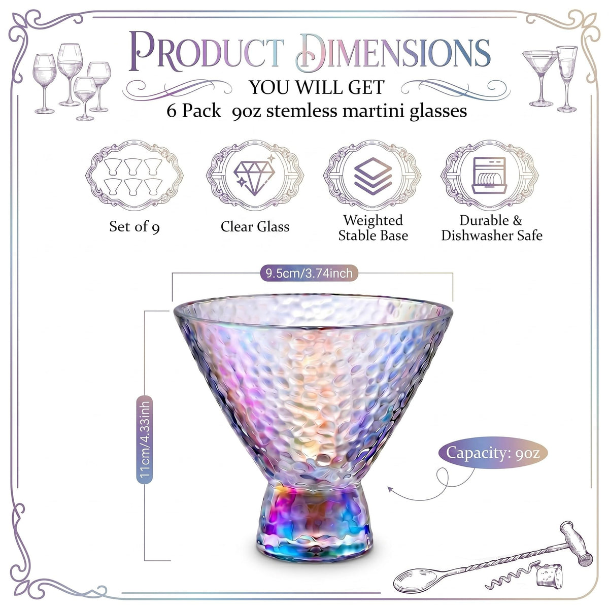 Set of 6 Stemless Martini Glasses 9oz Multicolor H834353