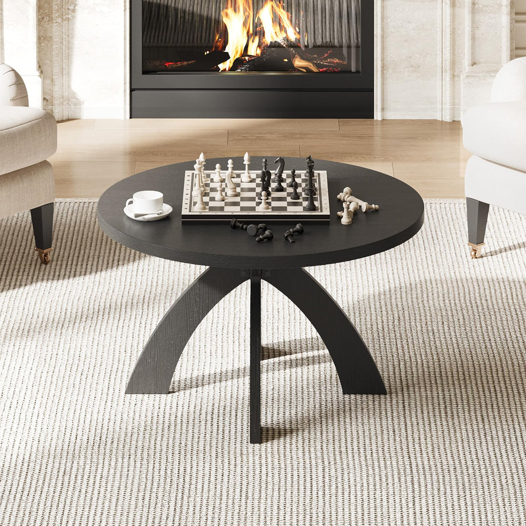 31.5" Round Wood Coffee Table with Cross Legs, Black X951085