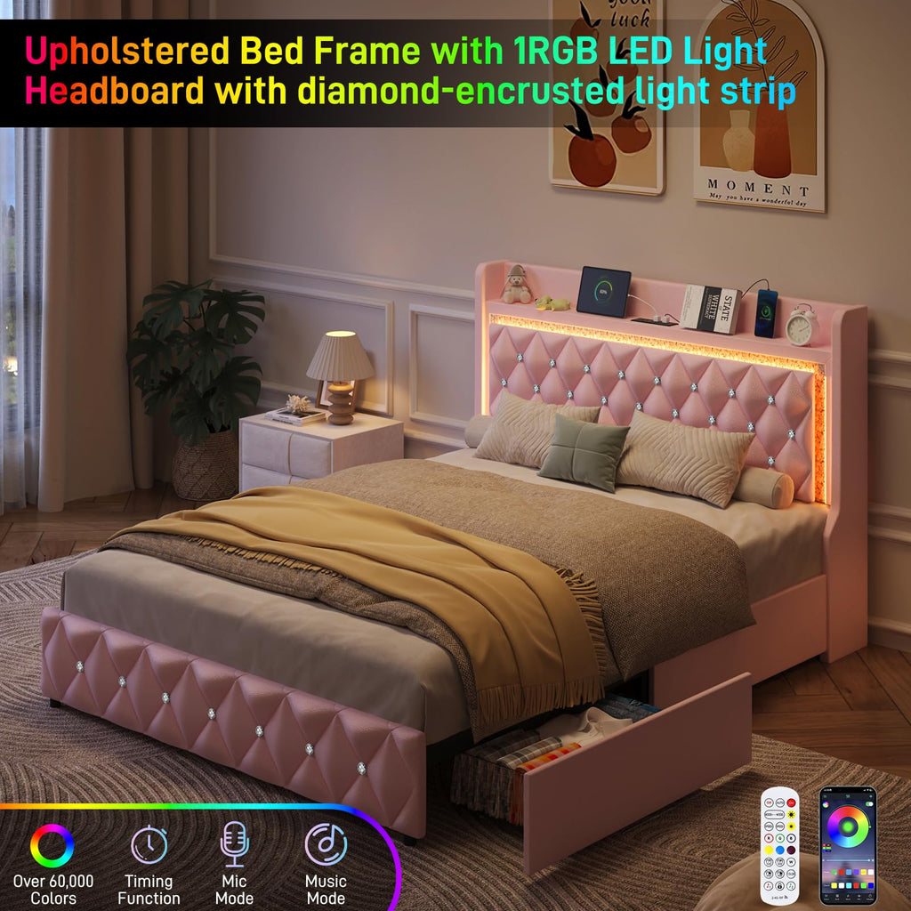 Pink Upholstered Full Size Bed Frame with Storage Headboard and 2 Drawers G76974