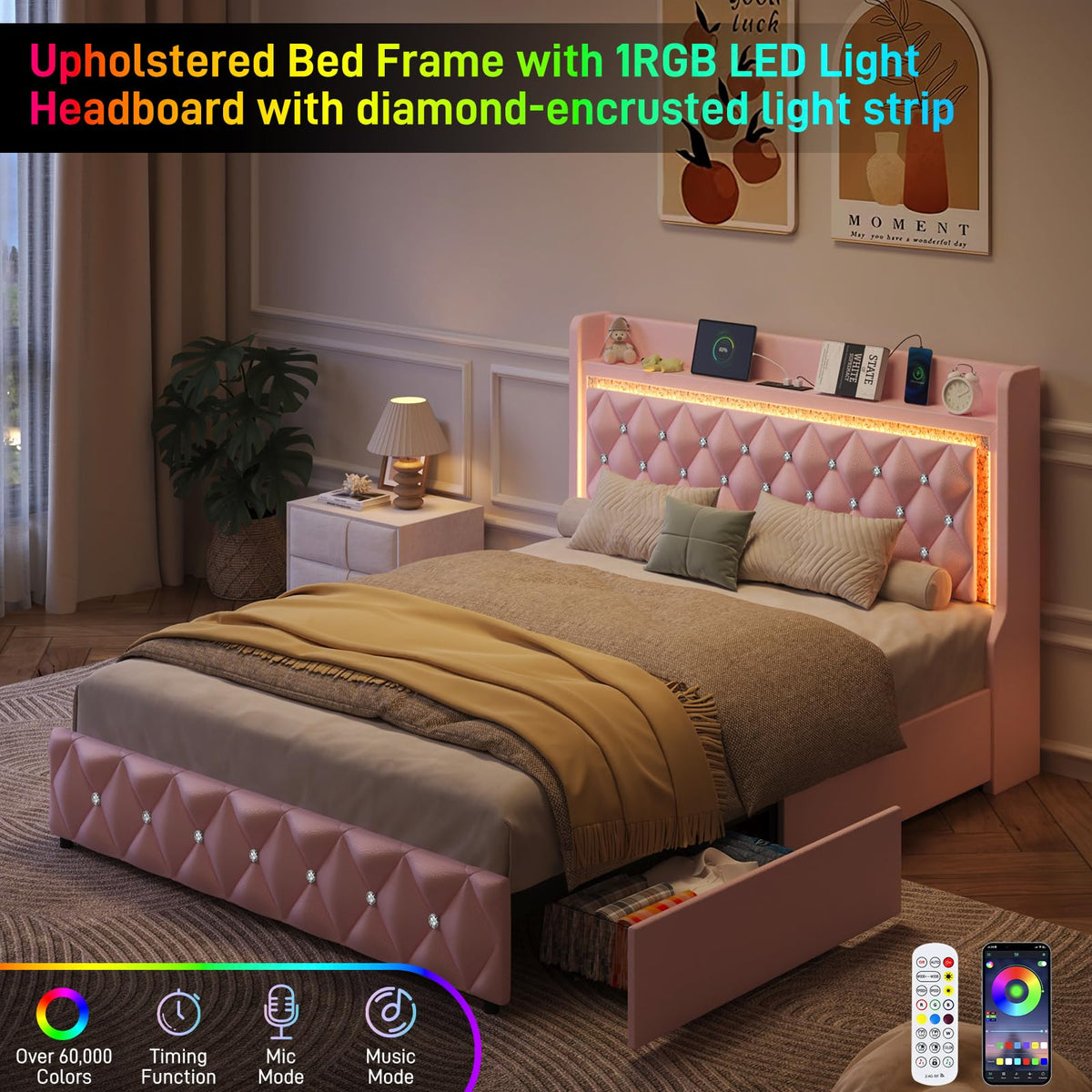 Pink Upholstered Full Size Bed Frame with Storage Headboard and 2 Drawers G76974