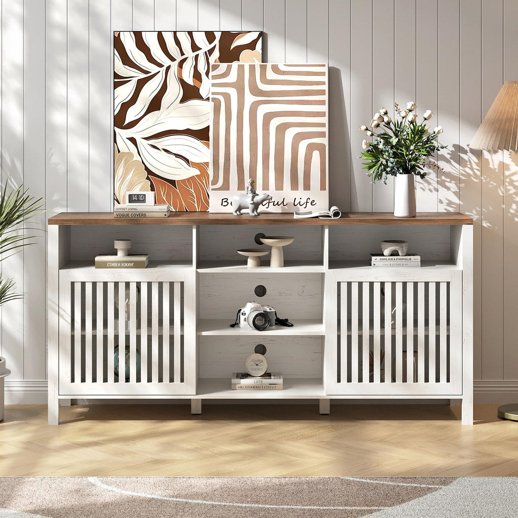White TV Stand with Grille Doors and Adjustable Shelves U922341