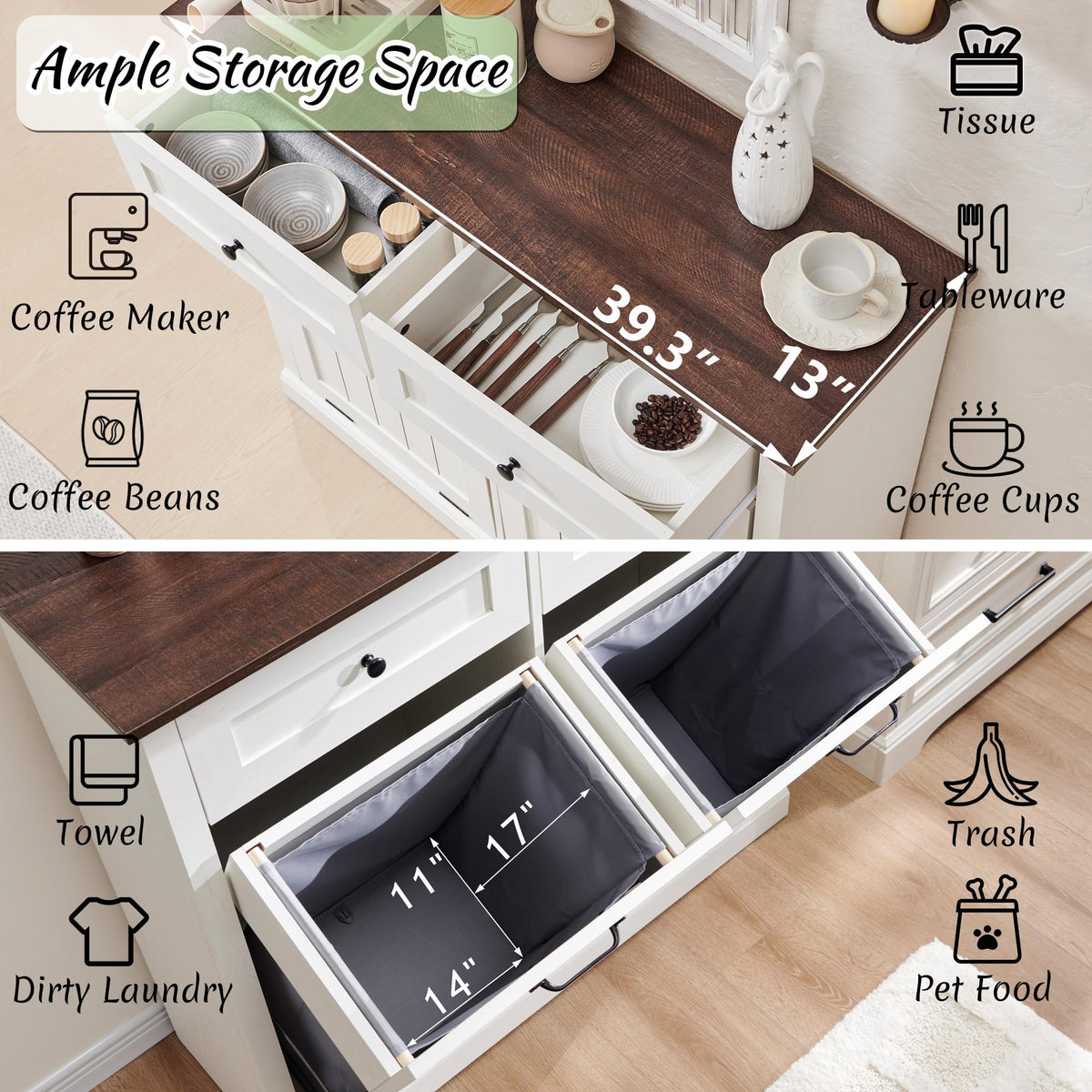Double Tilt Out Laundry Hamper Cabinet Antique White O280