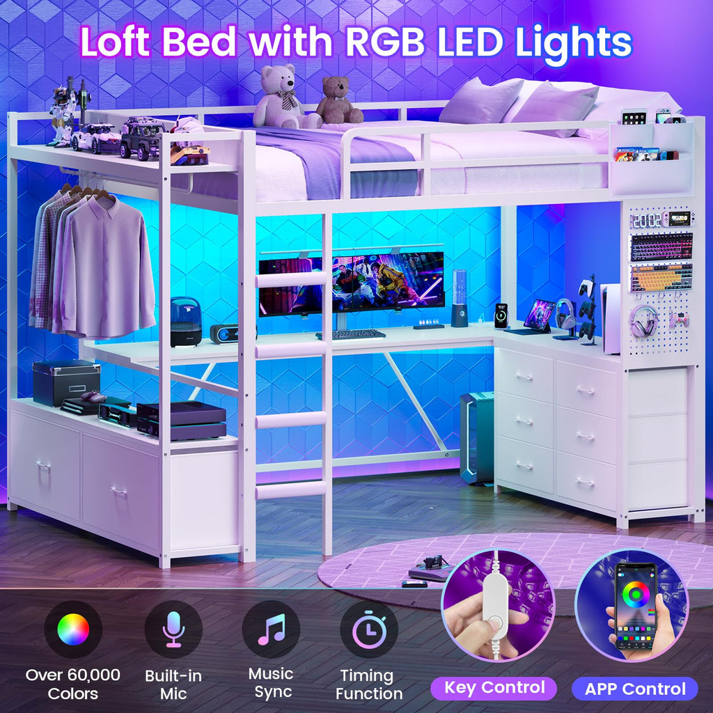 White Twin Loft Bed with L-Shaped Desk and 8 Storage Drawers N688710