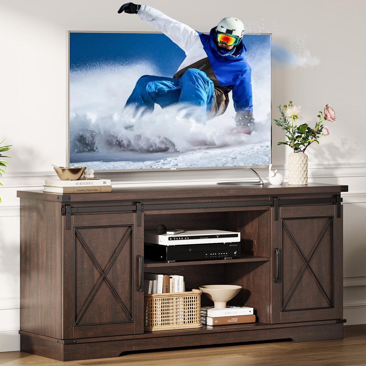 Farmhouse TV Stand with Sliding Barn Doors for 65 Inch TV B60310