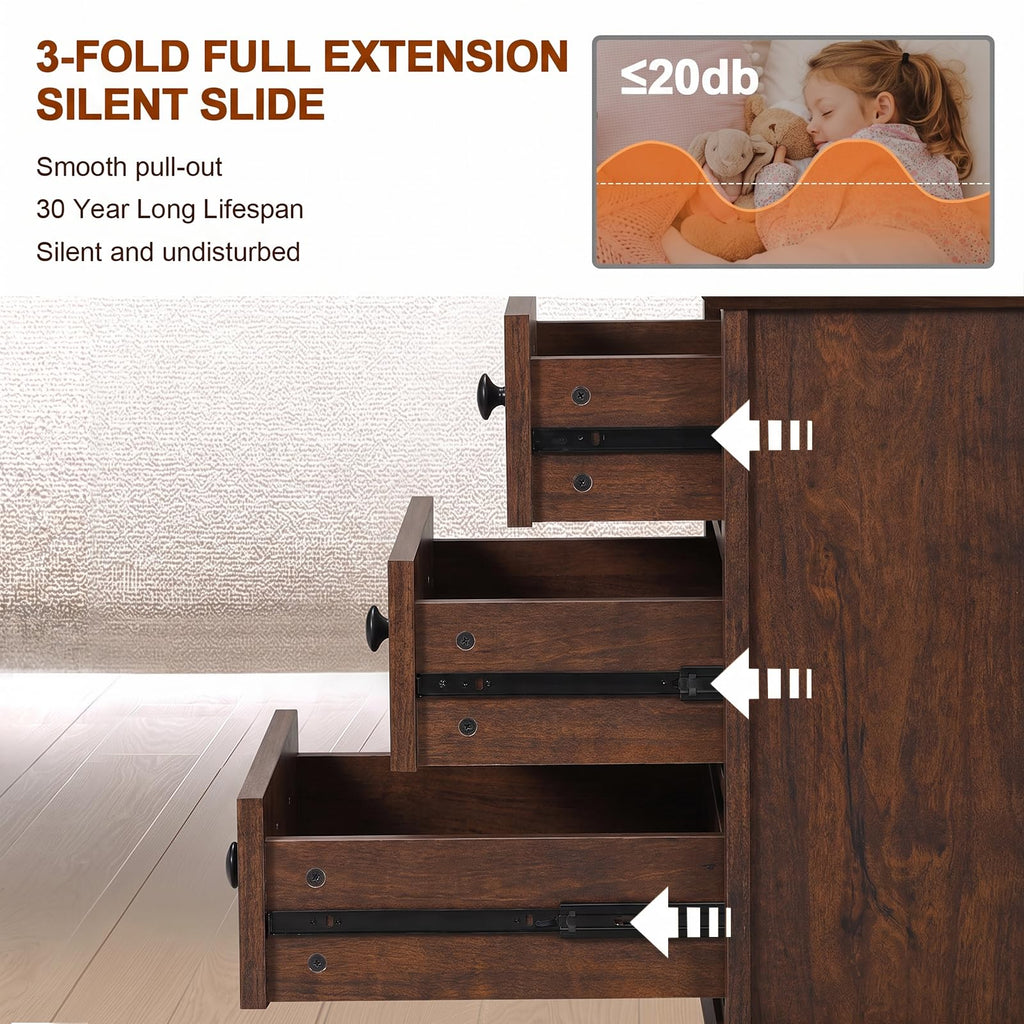 Cherry 3 Drawer Wood Nightstand with Charging Station U1394