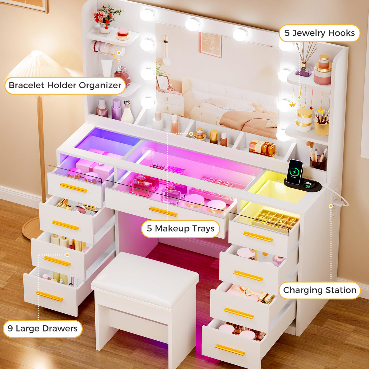 Large Vanity Desk with Mirror and Lights L642