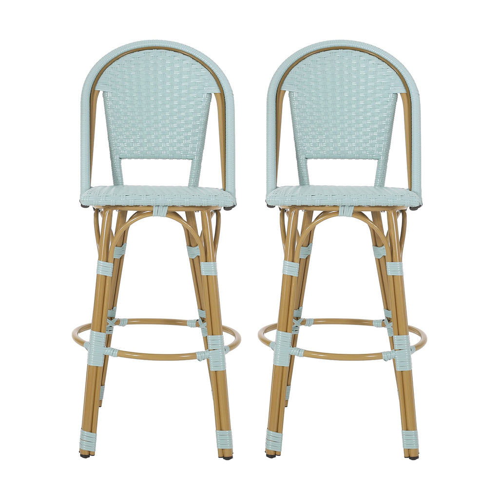 29.5" PE Rattan Aluminum Bar Stools, Set of 2, Light Teal W1976