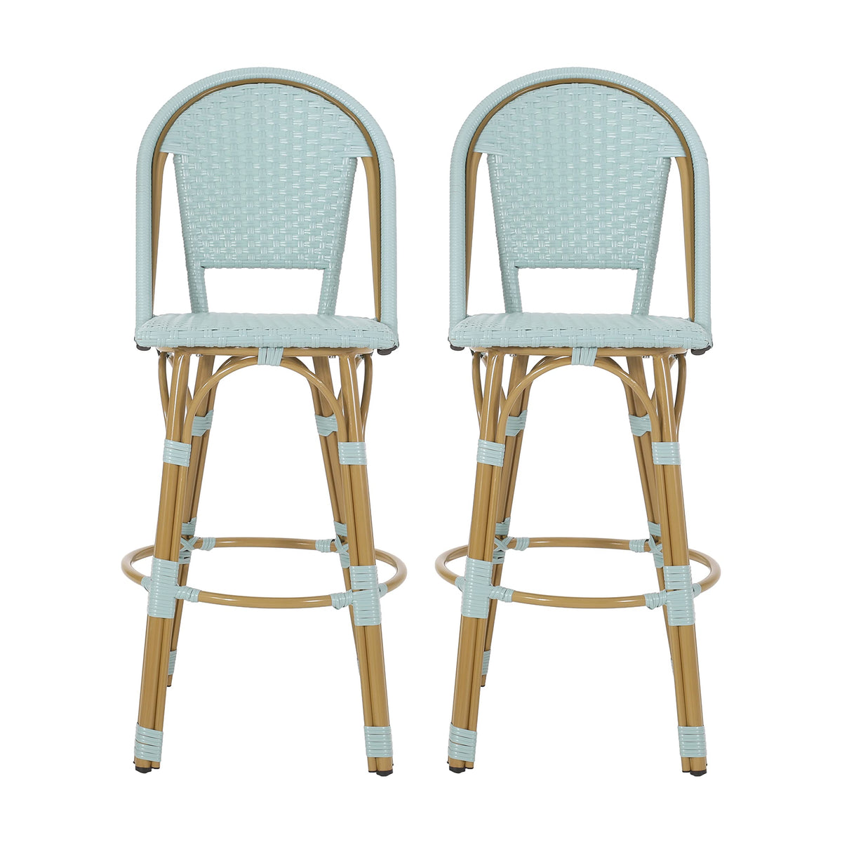 29.5" PE Rattan Aluminum Bar Stools, Set of 2, Light Teal W1976
