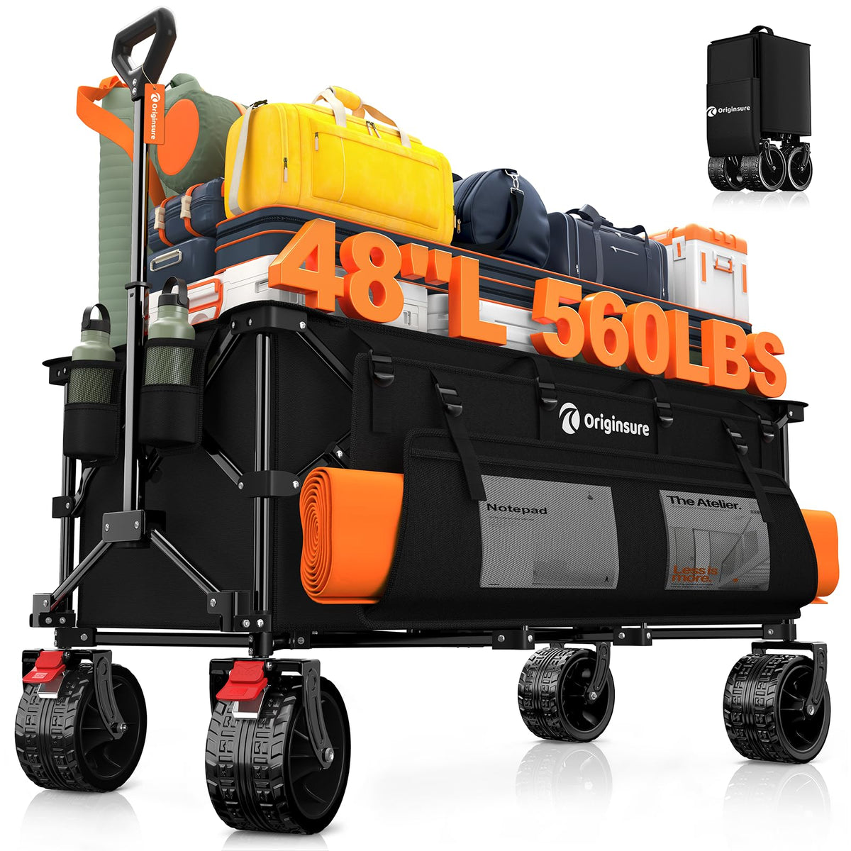 Collapsible Beach Wagon Cart with Big Wheels, 560lbs, Black Y375808