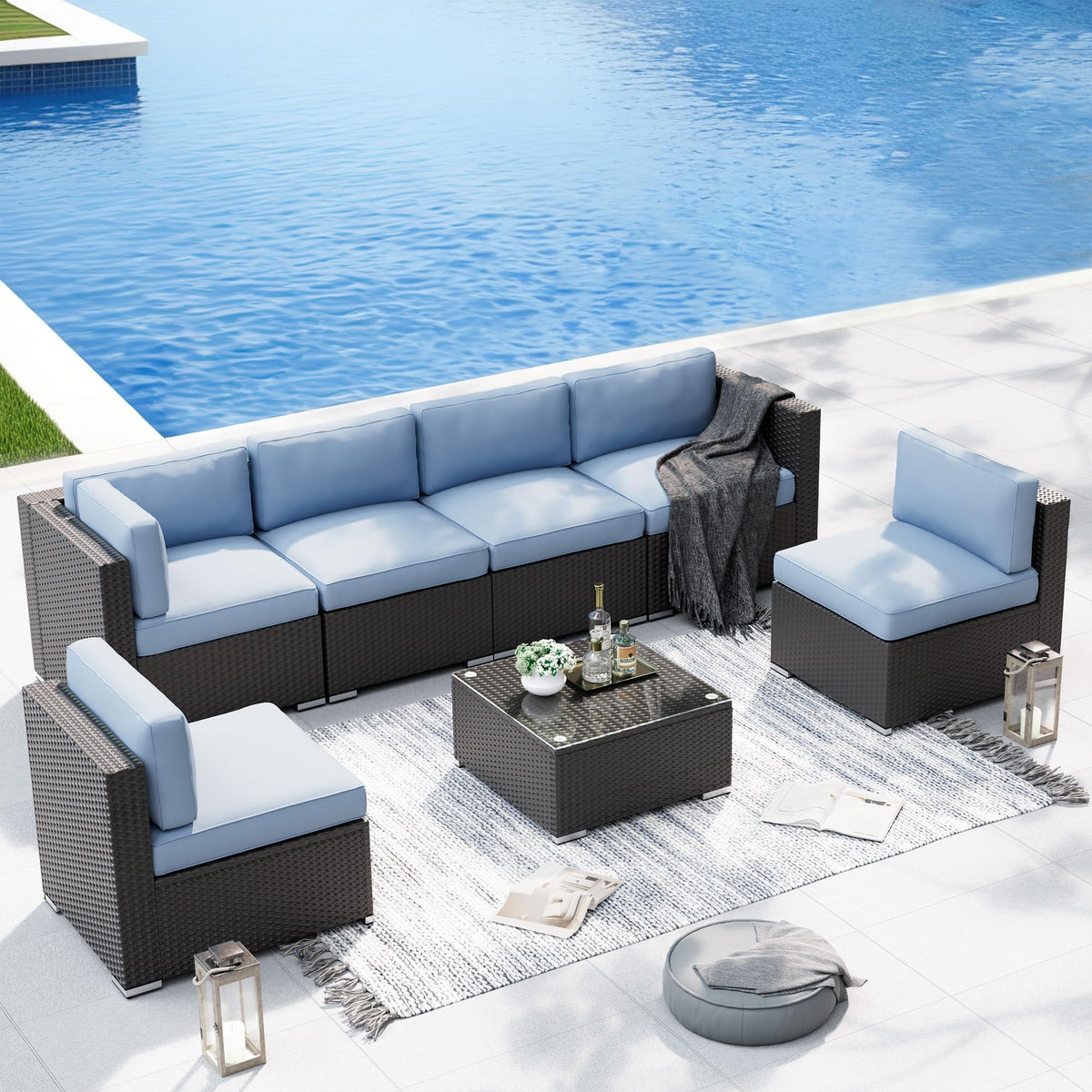 7-Piece All-Weather Wicker Patio Sofa Set with Glass Coffee Table U626679