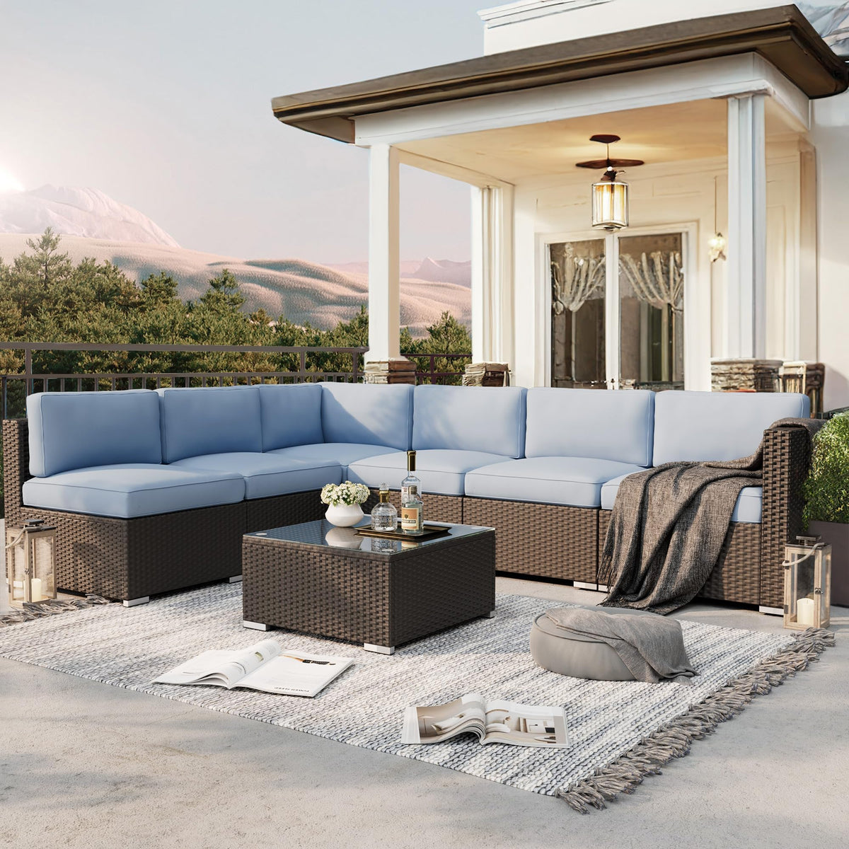 7-Piece All-Weather Wicker Patio Sofa Set with Glass Coffee Table U626679