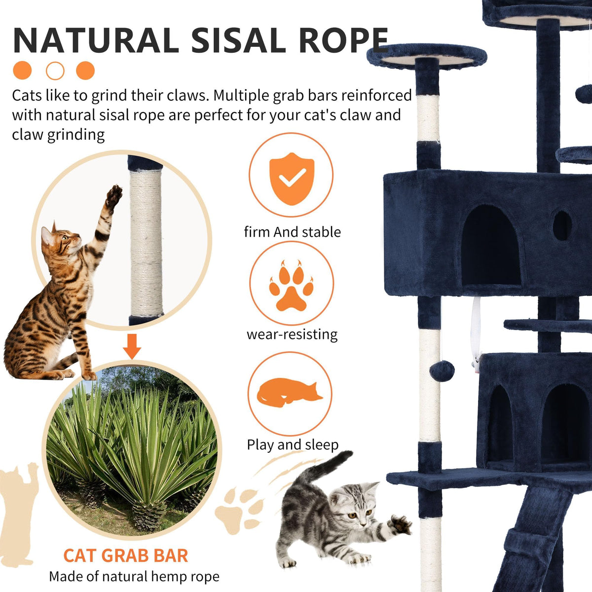 70 Inch Navy Blue Cat Tree Tower with Scratching Post G546